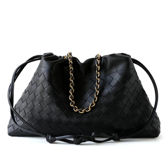 Women's Woven Lambskin Leather Cloud Bag | Drawstring Shoulder Bag with Gold Chain | Luxury Intrecciato Leather Crossbody Handbag