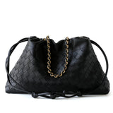 Women's Woven Lambskin Leather Cloud Bag | Drawstring Shoulder Bag with Gold Chain | Luxury Intrecciato Leather Crossbody Handbag