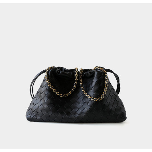 Women's Woven Lambskin Leather Cloud Bag | Drawstring Shoulder Bag with Gold Chain | Luxury Intrecciato Leather Crossbody Handbag