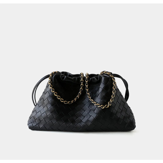 Women's Woven Lambskin Leather Cloud Bag | Drawstring Shoulder Bag with Gold Chain | Luxury Intrecciato Leather Crossbody Handbag