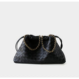 Women's Woven Lambskin Leather Cloud Bag | Drawstring Shoulder Bag with Gold Chain | Luxury Intrecciato Leather Crossbody Handbag