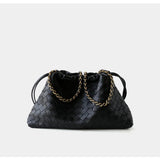 Women's Woven Lambskin Leather Cloud Bag | Drawstring Shoulder Bag with Gold Chain | Luxury Intrecciato Leather Crossbody Handbag