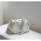 Women's Woven Lambskin Leather Cloud Bag | Drawstring Shoulder Bag with Gold Chain | Luxury Intrecciato Leather Crossbody Handbag