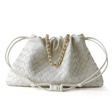Women's Woven Lambskin Leather Cloud Bag | Drawstring Shoulder Bag with Gold Chain | Luxury Intrecciato Leather Crossbody Handbag