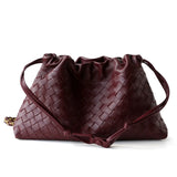 Women's Woven Lambskin Leather Cloud Bag | Drawstring Shoulder Bag with Gold Chain | Luxury Intrecciato Leather Crossbody Handbag