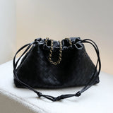 Women's Woven Lambskin Leather Cloud Bag | Drawstring Shoulder Bag with Gold Chain | Luxury Intrecciato Leather Crossbody Handbag