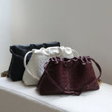 Women's Woven Lambskin Leather Cloud Bag | Drawstring Shoulder Bag with Gold Chain | Luxury Intrecciato Leather Crossbody Handbag