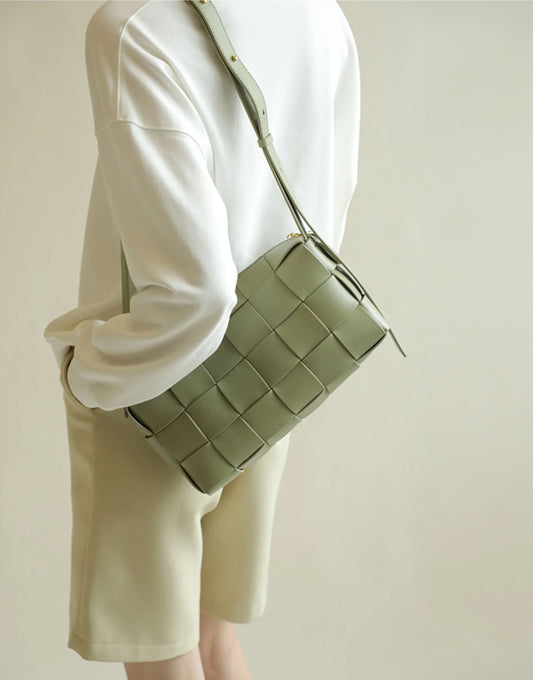 Women’s Woven Leather Boston Bag, Designer Real Genuine Leather Shoulder & Crossbody Handbag