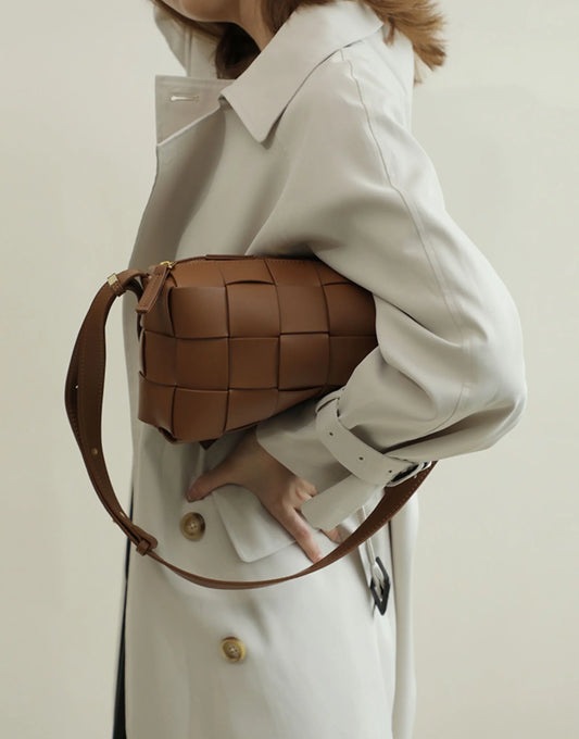 Women’s Woven Leather Boston Bag, Designer Real Genuine Leather Shoulder & Crossbody Handbag