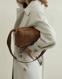 Women’s Woven Leather Boston Bag, Designer Real Genuine Leather Shoulder & Crossbody Handbag