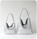Women's Handwoven Vegan Leather Hobo Tote Bag | Intrecciato Shoulder Bag | Two Sizes | Lightweight Everyday Handbag for Women
