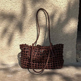 Woven Leather Cutout Tote Bag | Handcrafted Full Grain Cowhide Basket Bag