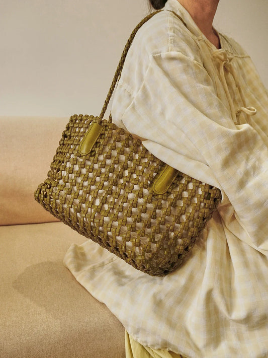 Woven Leather Cutout Tote Bag | Handcrafted Full Grain Cowhide Basket Bag