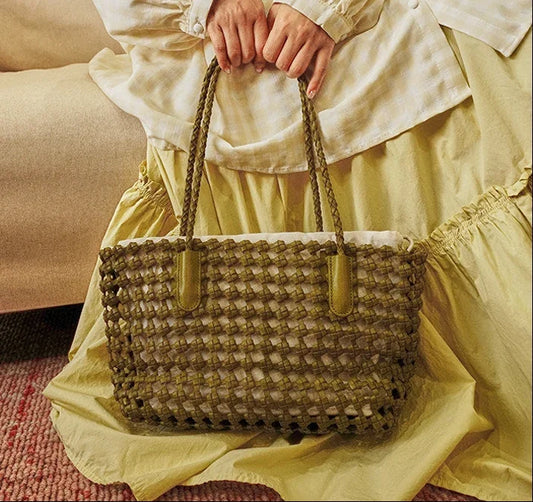 Woven Leather Cutout Tote Bag | Handcrafted Full Grain Cowhide Basket Bag