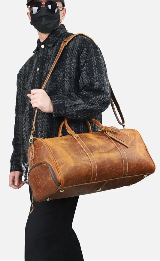 The Embossed Weekender | Handmade Full Grain Crazy Horse Leather Duffle Bag, Vintage Weekender Travel Bag for Men & Women | Carry-On Gym Overnight Bag, Ladies Leather Travel Bag