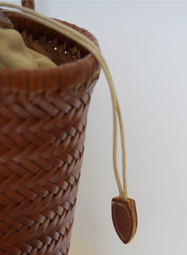 Hand-Woven Cowhide Leather Bucket Bag | Women's Braided Drawstring Basket Purse