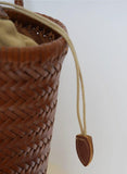 Hand-Woven Cowhide Leather Bucket Bag | Women's Braided Drawstring Basket Purse