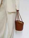 Hand-Woven Cowhide Leather Bucket Bag | Women's Braided Drawstring Basket Purse