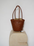 Hand-Woven Cowhide Leather Bucket Bag | Women's Braided Drawstring Basket Purse