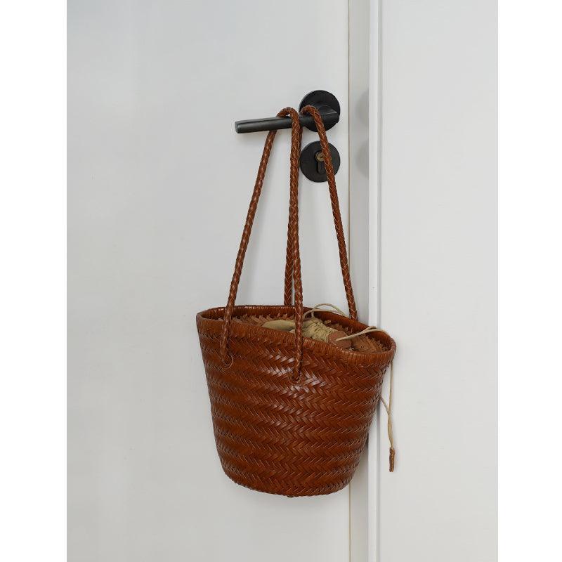 Hand-Woven Cowhide Leather Bucket Bag | Women's Braided Drawstring Basket Purse