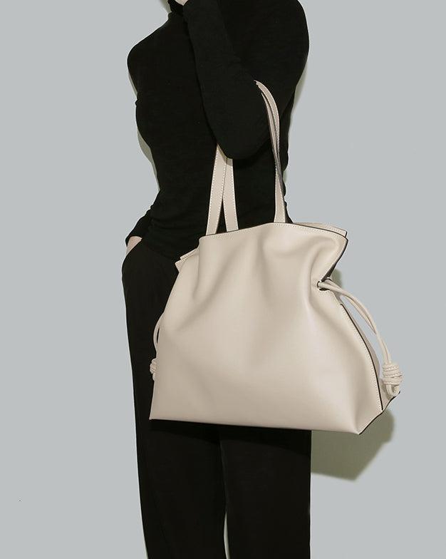 Elegant Oversized Cowhide Leather Tote Bag for Women with Drawstring Closure - Alexel Crafts