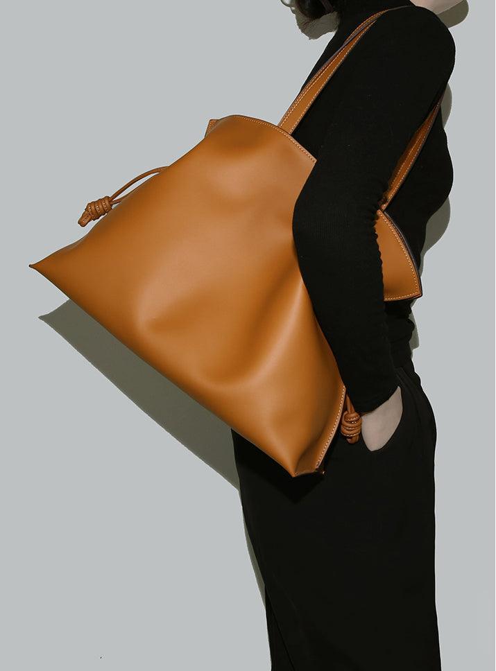 Elegant Oversized Cowhide Leather Tote Bag for Women with Drawstring Closure - Alexel Crafts