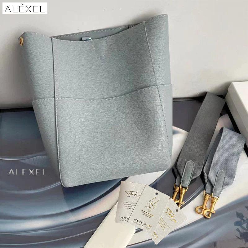Extra Large Genuine Leather Bucket Bag, Minimalist Classic Leather Tote Bag, Fashion Designer Shoulder Bag Wide Strap, Gift For Her - Alexel Crafts