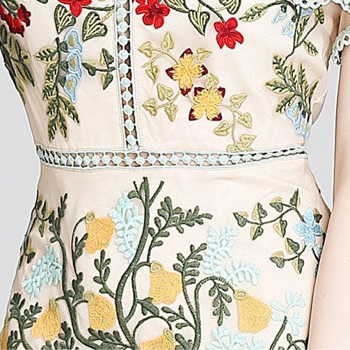 Fashion Runway Handcrafted Summer Dress Women's Flare Sleeve Floral Embroidery Elegant Mesh Hollow Out Mini Dresses - Alexel Crafts