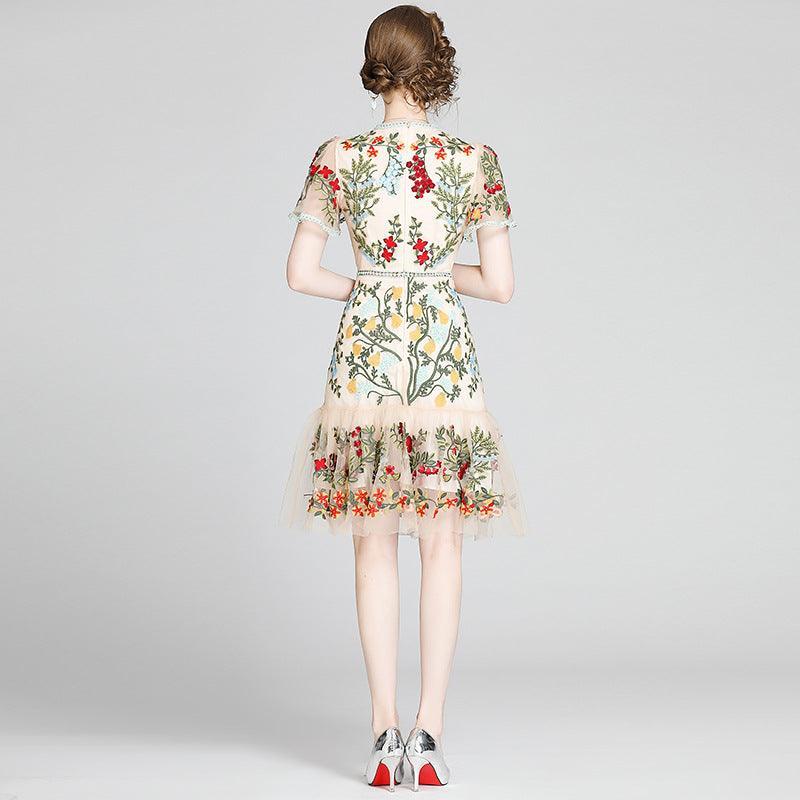 Fashion Runway Handcrafted Summer Dress Women's Flare Sleeve Floral Embroidery Elegant Mesh Hollow Out Mini Dresses - Alexel Crafts