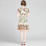 Fashion Runway Handcrafted Summer Dress Women's Flare Sleeve Floral Embroidery Elegant Mesh Hollow Out Mini Dresses - Alexel Crafts