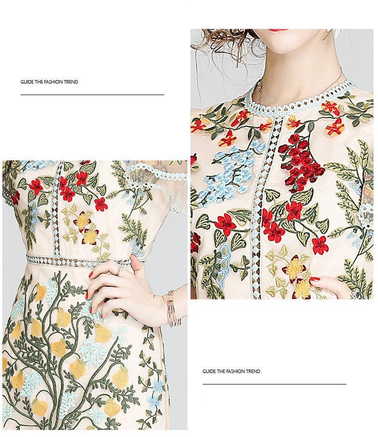 Fashion Runway Handcrafted Summer Dress Women's Flare Sleeve Floral Embroidery Elegant Mesh Hollow Out Mini Dresses - Alexel Crafts