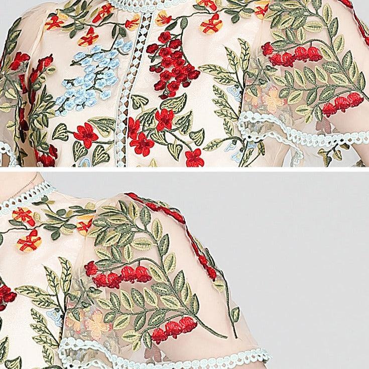 Fashion Runway Handcrafted Summer Dress Women's Flare Sleeve Floral Embroidery Elegant Mesh Hollow Out Mini Dresses - Alexel Crafts