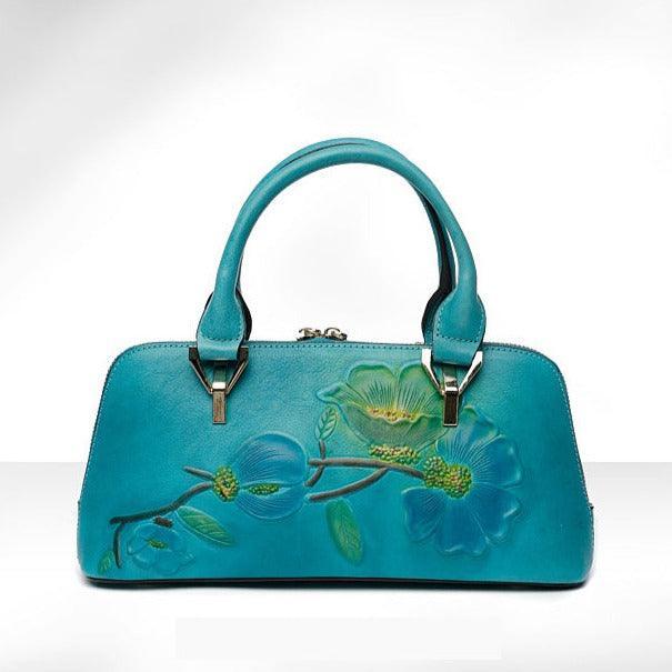 Floral Elegance Cowhide Leather Shoulder Bag | Handcrafted Embossed Banquet Bag - Alexel Crafts