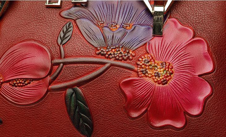 Floral Elegance Cowhide Leather Shoulder Bag | Handcrafted Embossed Banquet Bag - Alexel Crafts