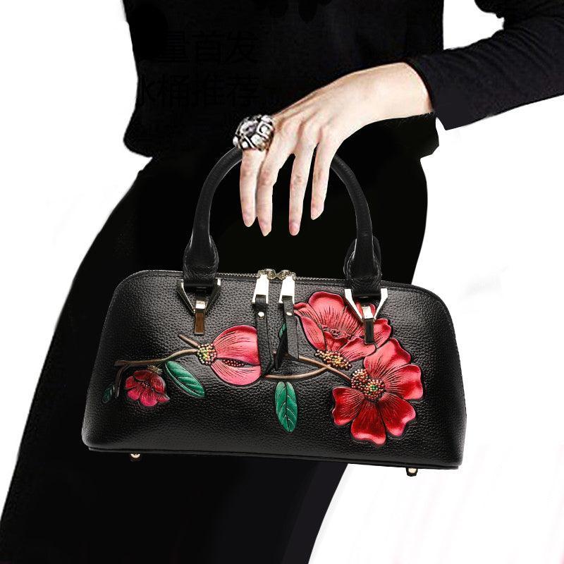 Floral Elegance Cowhide Leather Shoulder Bag | Handcrafted Embossed Banquet Bag - Alexel Crafts