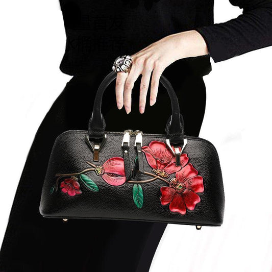 Floral Elegance Cowhide Leather Shoulder Bag | Handcrafted Embossed Banquet Bag - Alexel Crafts