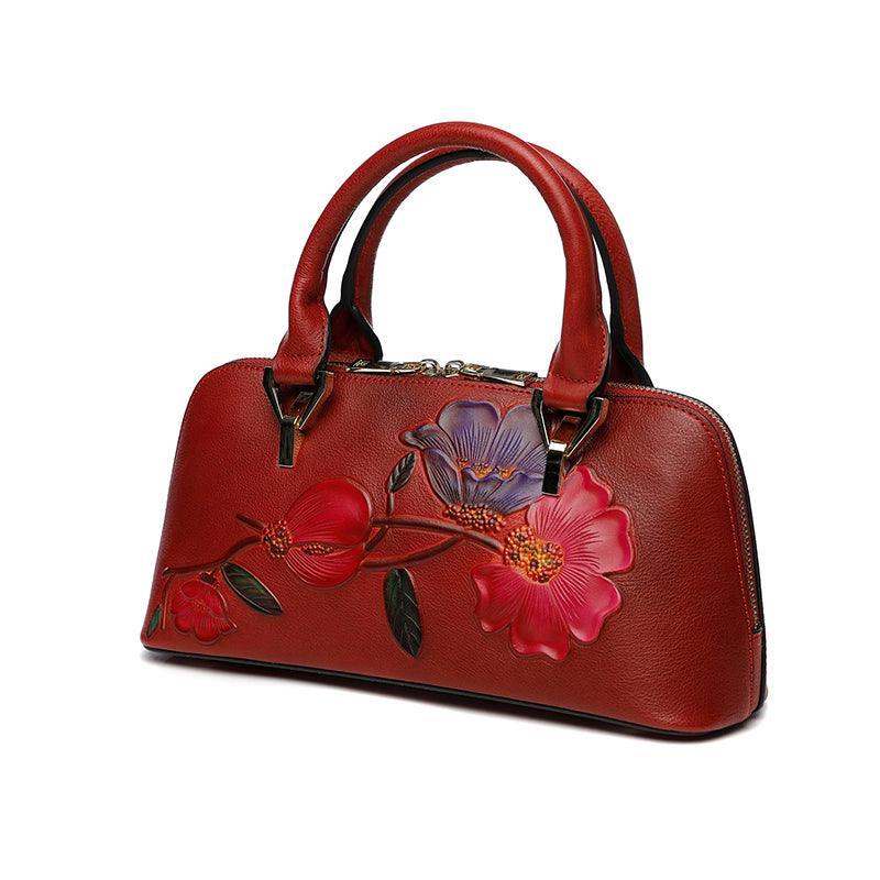 Floral Elegance Cowhide Leather Shoulder Bag | Handcrafted Embossed Banquet Bag - Alexel Crafts