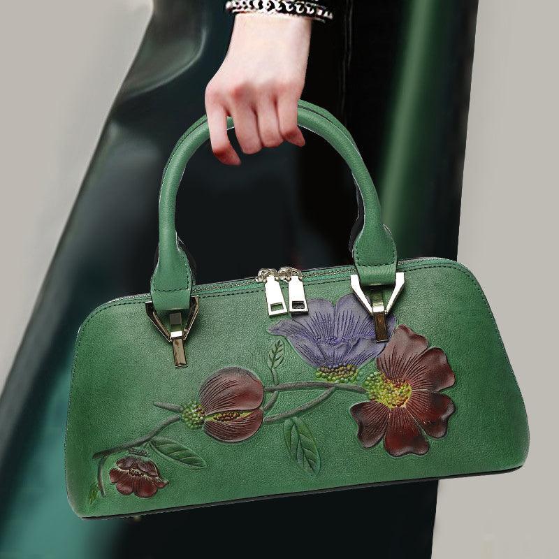 Floral Elegance Cowhide Leather Shoulder Bag | Handcrafted Embossed Banquet Bag - Alexel Crafts
