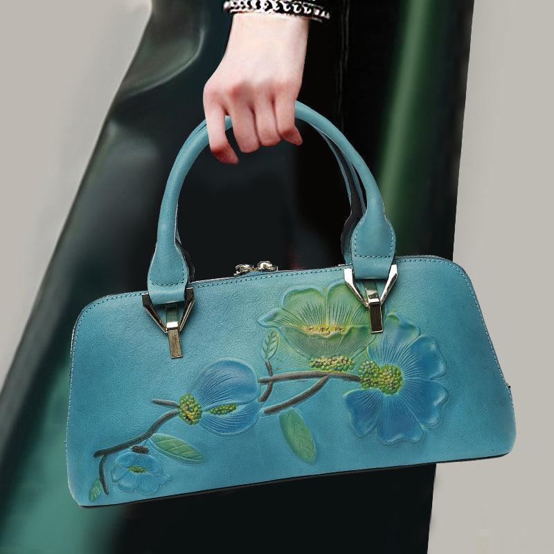 Floral Elegance Cowhide Leather Shoulder Bag | Handcrafted Embossed Banquet Bag - Alexel Crafts