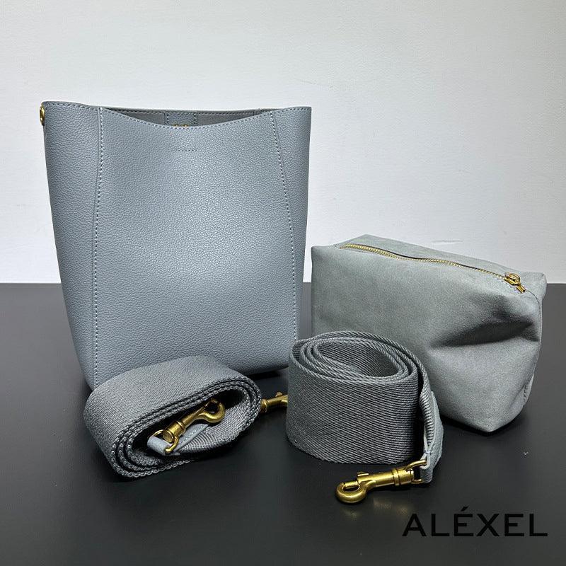 Genuine Leather Bucket Bag, Minimalist Classic Leather Tote Bag, Fashion Designer Shoulder Bag Wide Strap Tan, Green, Blue, Gift For Her - Alexel Crafts