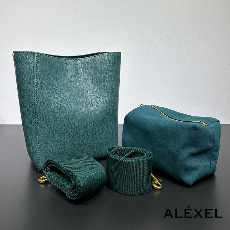 Genuine Leather Bucket Bag, Minimalist Classic Leather Tote Bag, Fashion Designer Shoulder Bag Wide Strap Tan, Green, Blue, Gift For Her - Alexel Crafts