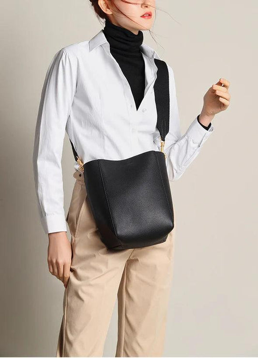 Genuine Leather Bucket Bag, Minimalist Classic Leather Tote Bag, Fashion Designer Shoulder Bag Wide Strap Tan, Green, Blue, Gift For Her - Alexel Crafts