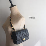 Genuine Leather Flap Shoulder Bag, Classic Lambskin Leather Bag, DIAMONDS Quilted Designer Bag, Gold Chain Strap Lock Bag, Christmas Gift - Alexel Crafts