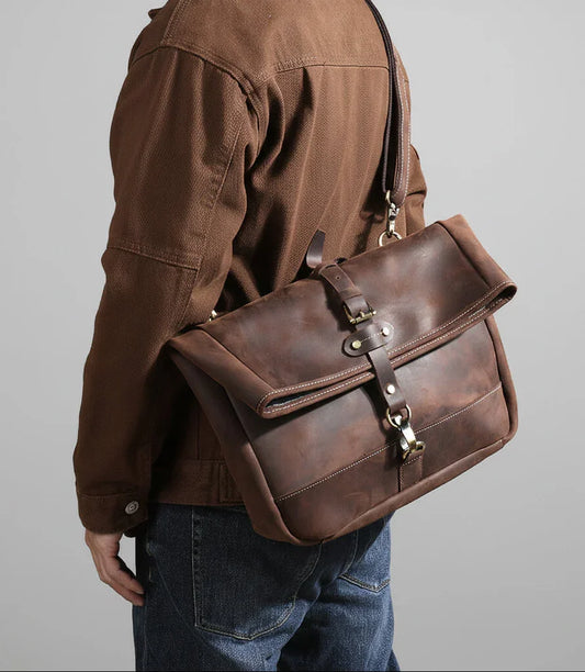 Men's Vintage Crazy Horse Leather Messenger Bag|Handmade Rugged Fold-Over Motorcycle Crossbody & Commuter Satchel