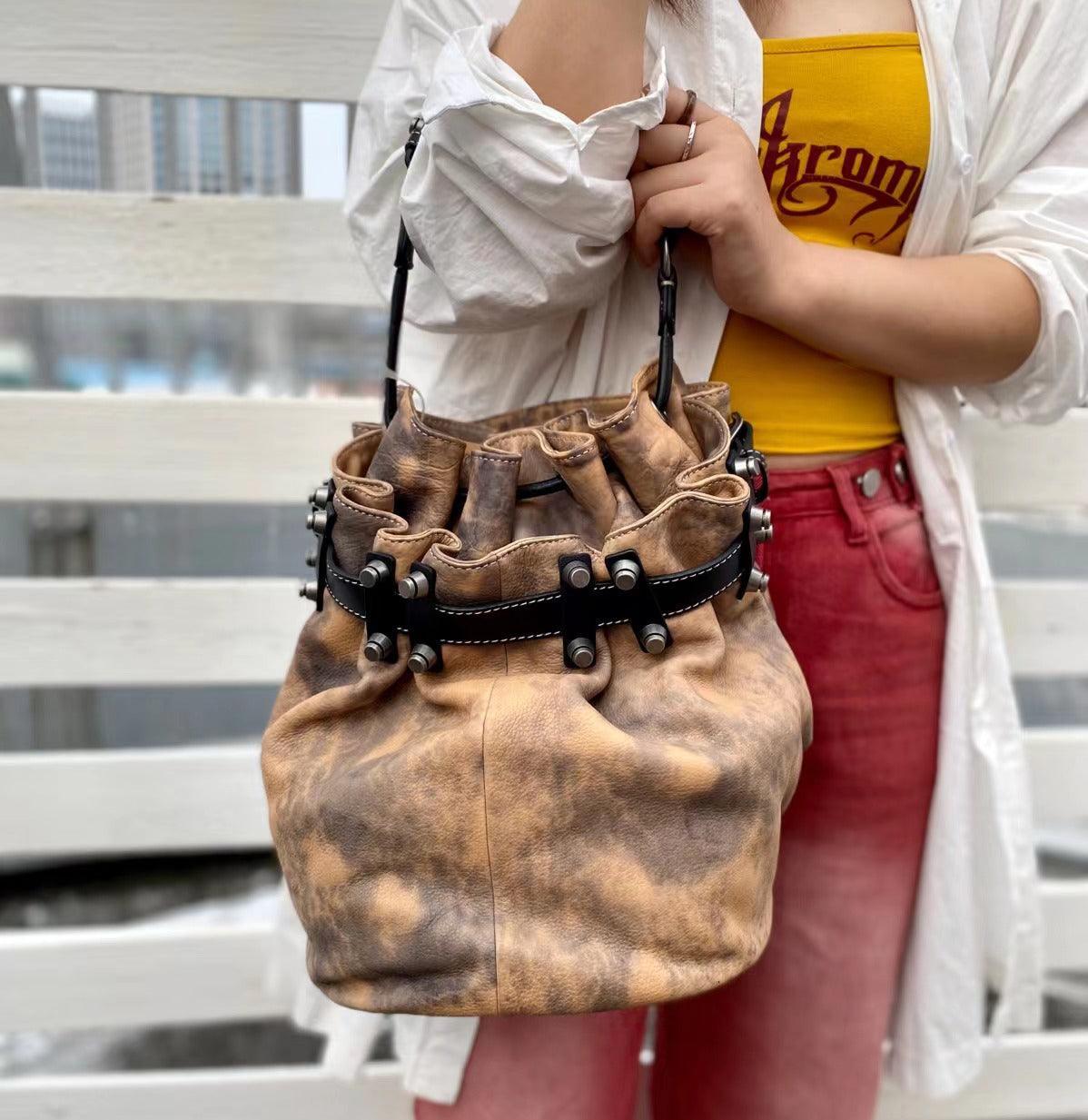 Handcrafted Bohemian Vintage Italian Leather Drawstring Bucket Shoulder Bag | A Perfect Gift for Her - Alexel Crafts