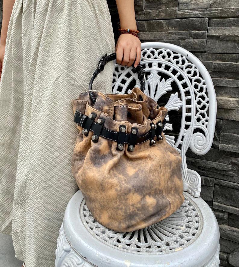 Handcrafted Bohemian Vintage Italian Leather Drawstring Bucket Shoulder Bag | A Perfect Gift for Her - Alexel Crafts