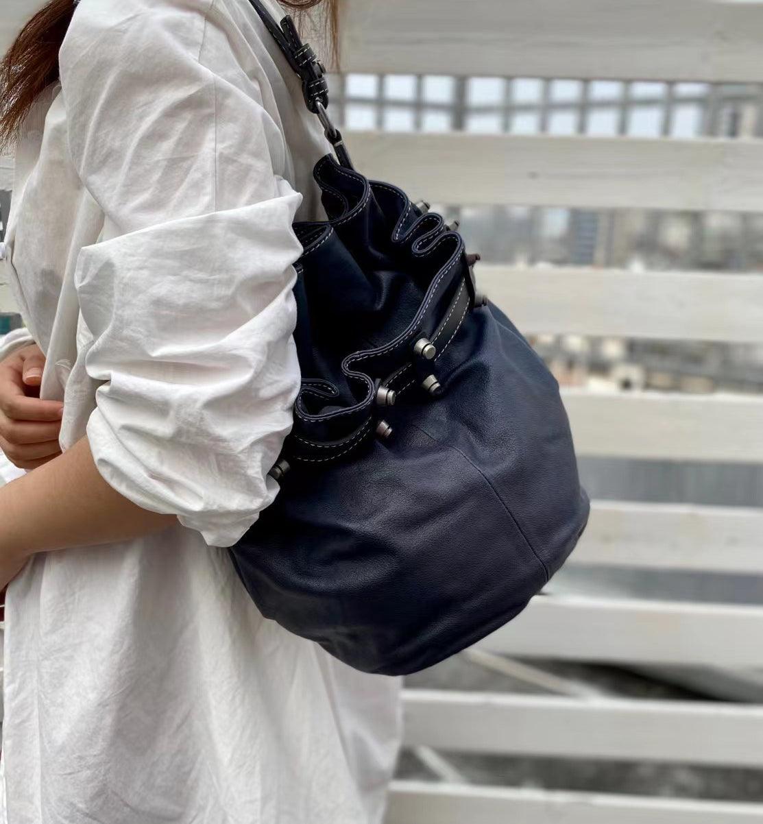 Handcrafted Bohemian Vintage Italian Leather Drawstring Bucket Shoulder Bag | A Perfect Gift for Her - Alexel Crafts