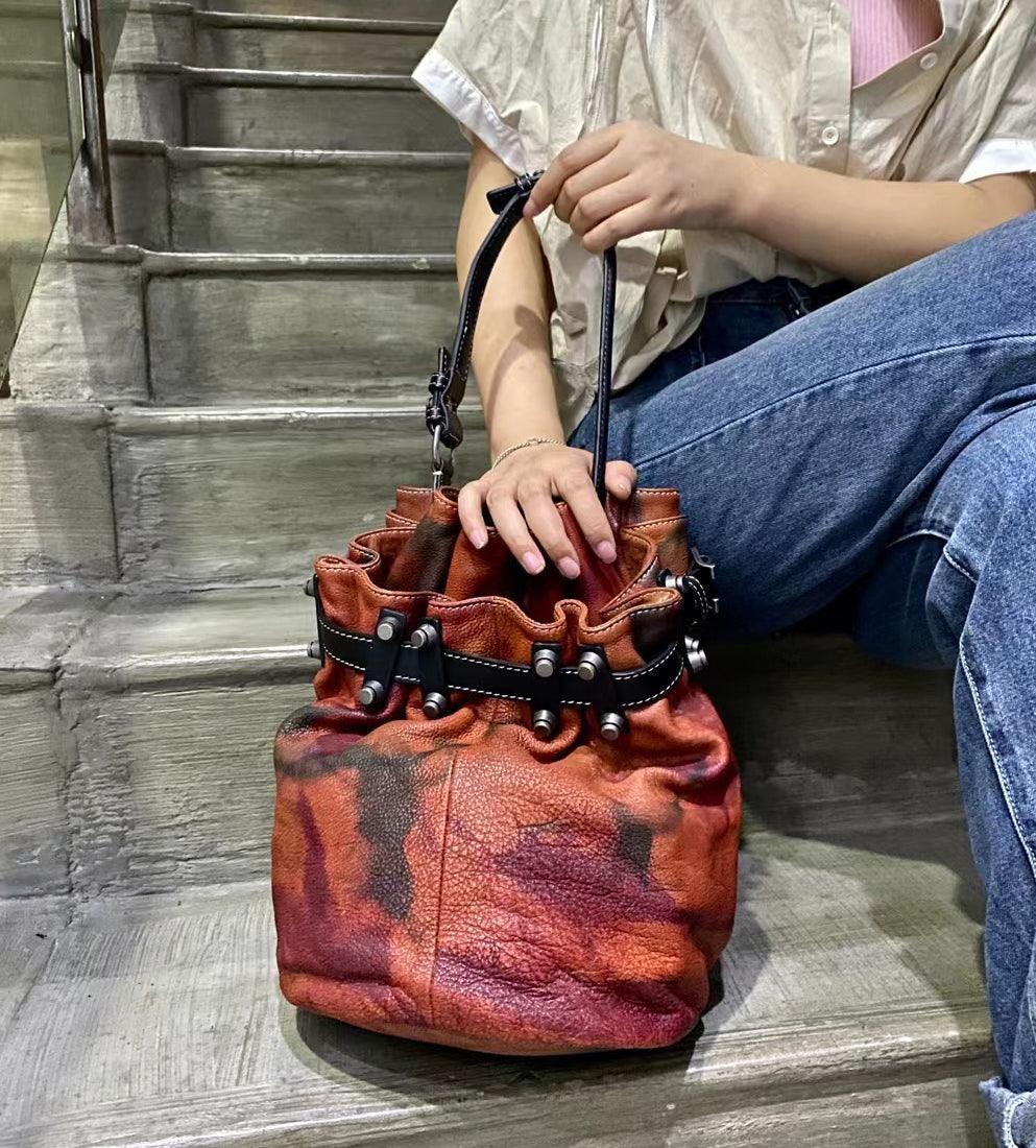 Handcrafted Bohemian Vintage Italian Leather Drawstring Bucket Shoulder Bag | A Perfect Gift for Her - Alexel Crafts