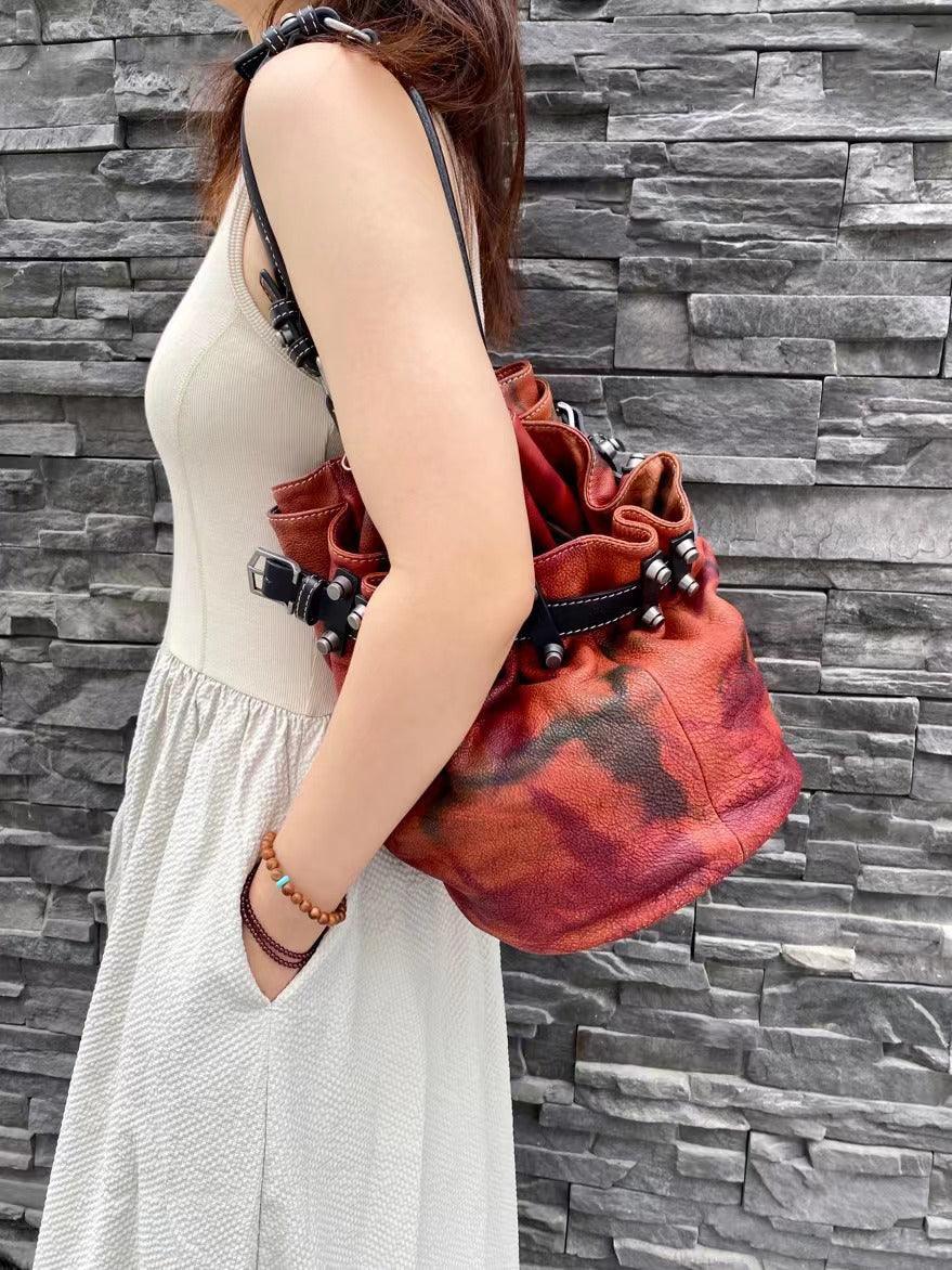 Handcrafted Bohemian Vintage Italian Leather Drawstring Bucket Shoulder Bag | A Perfect Gift for Her - Alexel Crafts