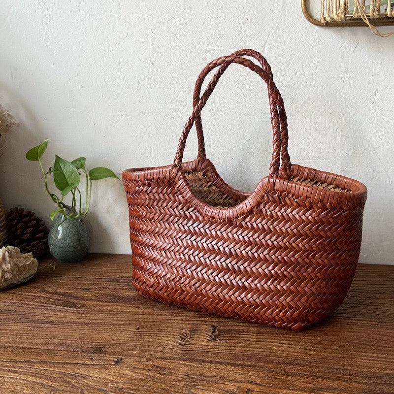 Handcrafted Woven Leather Tote Bag, Full Grain Leather Hand Woven Triple Jump Bamboo Style Ladies HOBO Bag, Summer Holiday Bag - Alexel Crafts